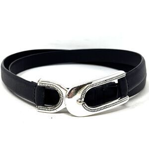 CHICO'S Silver Hook Loop Buckle Belt Womens Sz M/L Black Leather Adjustable